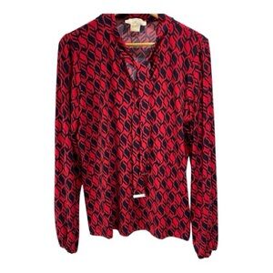 Michael Michael Kors Blouse Top Size L Red Navy Geometric Print Tie Neck